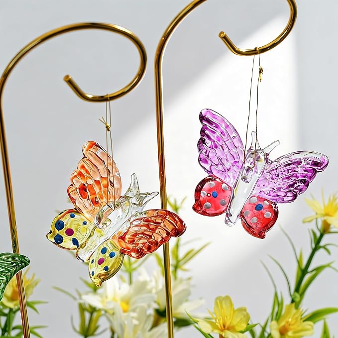HDCRYSTALGIFTS 4pcs Blown Glass Butterfly Stakes Garden Decorations, Colorful Butterfly Suncatchers with 13.5inch Small Golden Stakes for Flower Bouquet Outdoor Indoor Plant Pot Flower Bed Home Décor