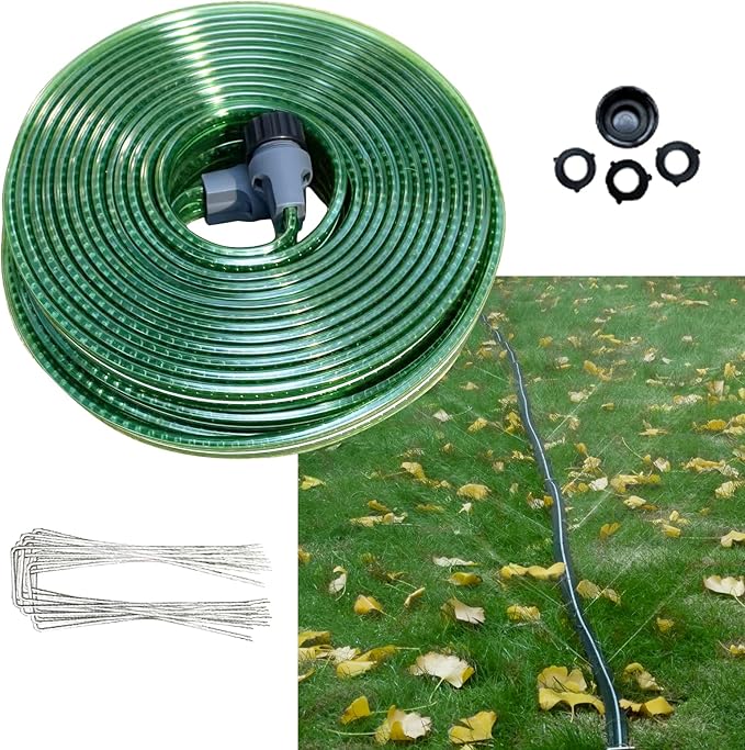 2026 Reinforced Sprinkler Hose & Soaker Hose for Yard - 50 FT Flat Garden Hose with Holes, Heavy Duty No-Kink Lawn Irrigation Hose (Includes Stakes, High Pressure Spray)