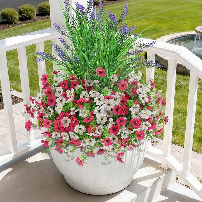 INQCMY Artificial Flowers for Outdoors UV Resistan 12 Pcs Silk Daisies with Eucalyptus Leaves and 2 Pcs Lavender Suitable for Porch Balcony Courtyard Garden (Rose Red White)