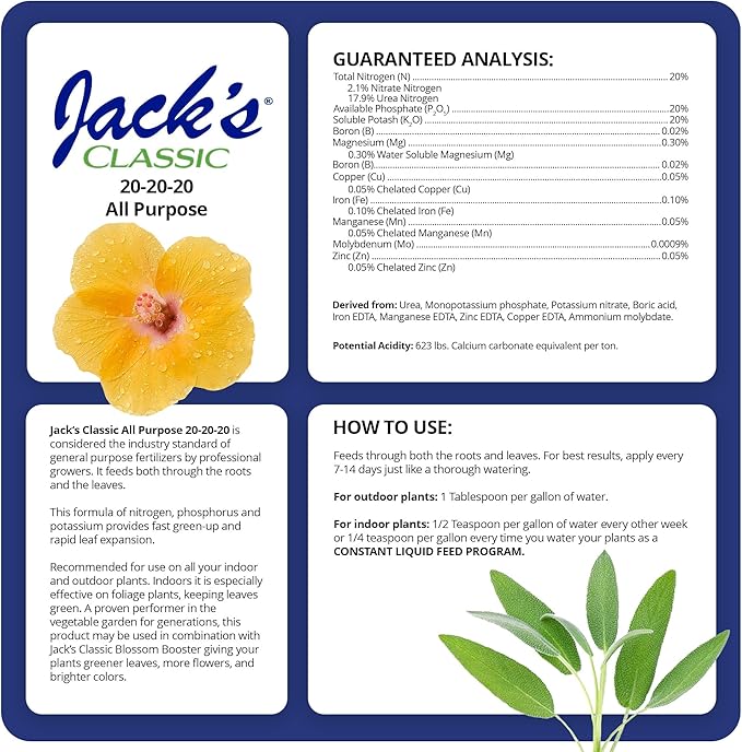 Jack's Classic 20-20-20 All Purpose Water-Soluble Fertilizer with Micronutrients to Provide General Growth on All Plants, 10lbs