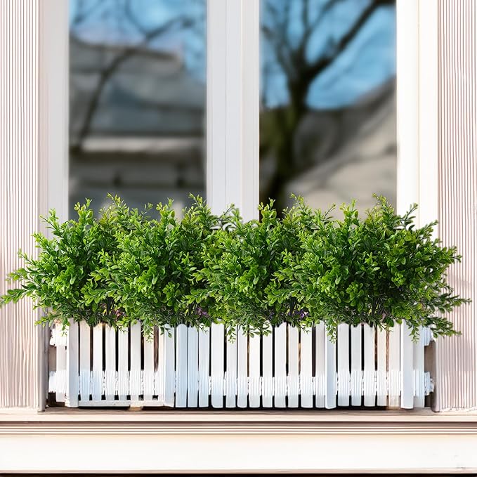 Artificial Plants Fake Greenery for Outdoor Spring Summer Decoration, 12 Bundles UV Resistant Realistic Faux Shrubs Stems No Fade Plastic Boxwood for Planter Garden Patio Balcony Porch Backyard Indoor