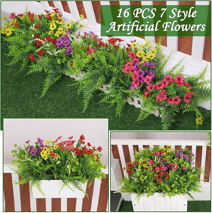 Artificial Flowers for Outdoors, UV Resistant No Fade 16 Bundles 7 Styles Fake Flowers Outdoor Faux Plant Colorful Daisy Boston Fern Lavender Cemetery Flowers for Outside Porch Patio Indoor Home Decor