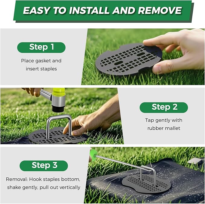 6 Inch Landscape Fabric Staples, 50Pcs Garden Stakes Galvanized +50Pcs Gasket +Pick Hook +Rubber Mallet, U Shaped Weed Barrier Stakes 11 Gauge Lawn Staples Landscape Pins for Yard, Sod, Weed Mat