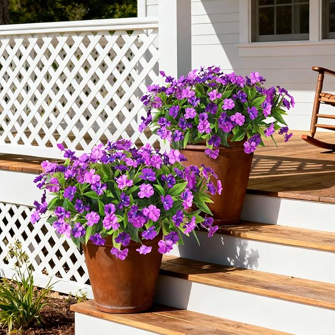 Artificial Impatiens Flowers for Outdoors, 6 Bundles Silk Fake Flowers for Spring Summer Decoration, UV Resistant Faux Plants Plastic Bouquet for Home Planter Porch Patio Yard Decor(Double Purple)