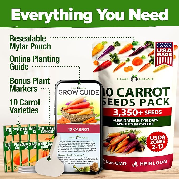 HOME GROWN Rainbow Carrot Seeds 10 Variety Mix 3350+ Heirloom Non-GMO Seeds for Planting, High Germination, Multi-Color Gourmet Root Vegetables, Kids Garden, Crunchy Fresh Eating (Daucus carota)