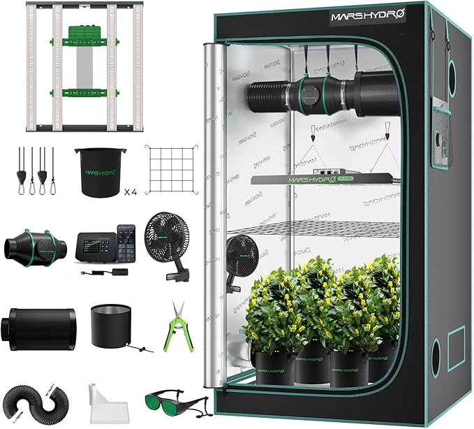 Mars Hydro 3x3 Smart Grow Tent Kit Complete System with WiFi-Integrated Controller 43,FC-E3000 APP Control Dimmable 1184Pcs Grow Light,1680D High Reflective Mylar,4inch Automatic Ventilation System