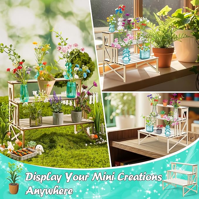 Make It Miniature Botanicals Kit - Mini Plants Collectibles with Flowers, Bouquets, Bonsai, Succulent, Garden, Wooden Display Stand - DIY Crafts Toy Gifts for Kids 6+, Collectors, Decoration