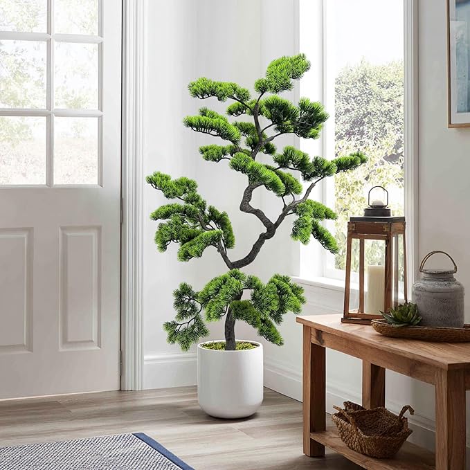 4.6ft Artificial Bonsai Tree Juniper Faux Pine Plant | Large Indoor Fake Tree Decor with Black Plastic Pot for Home, Office Desk, Table, Shelf, Bedroom & Living Room Decor (Green)