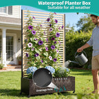 Metal Planter Box with Trellis Privacy Screen, Raised Garden Bed with Trellis & Wheels, Privacy Planters for Patio, Planter Box with Drainage Holes for Climbing Plants, Flower, 73"x 47"x 16", Wood