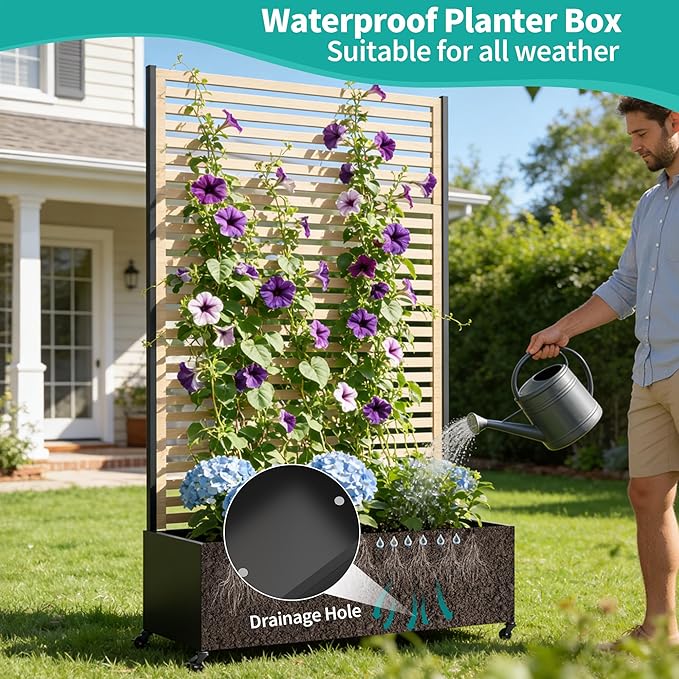 Metal Planter Box with Trellis Privacy Screen, Raised Garden Bed with Trellis & Wheels, Privacy Planters for Patio, Planter Box with Drainage Holes for Climbing Plants, Flower, 73"x 47"x 16", Wood