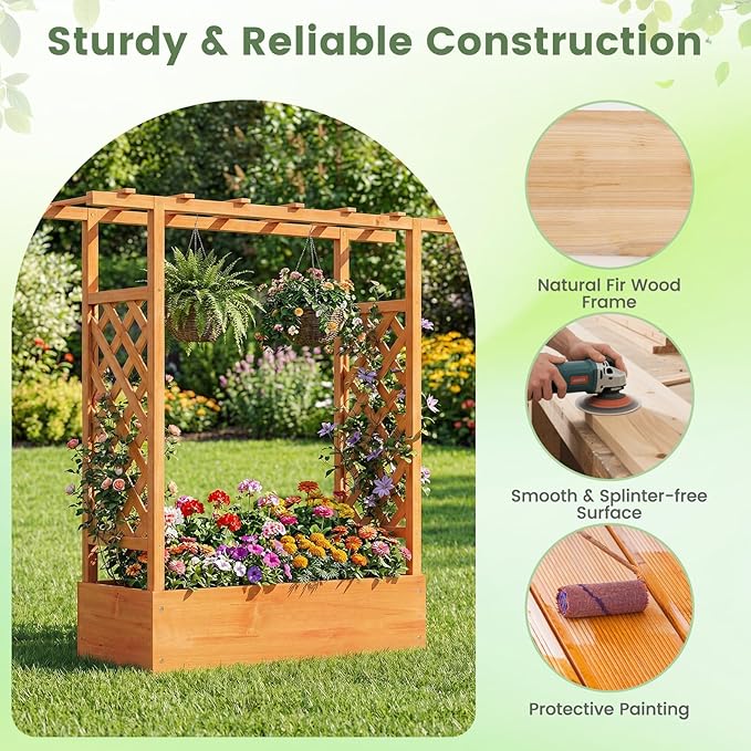 BECOMFORT Raised Garden Bed with Trellis & Hanging Roof, 45" Tall Fir Wood Planter Box with Drainage Holes, Outdoor Elevated Garden Planter for Climbing Vines, Perfect for Patio, Lawn & Backyard