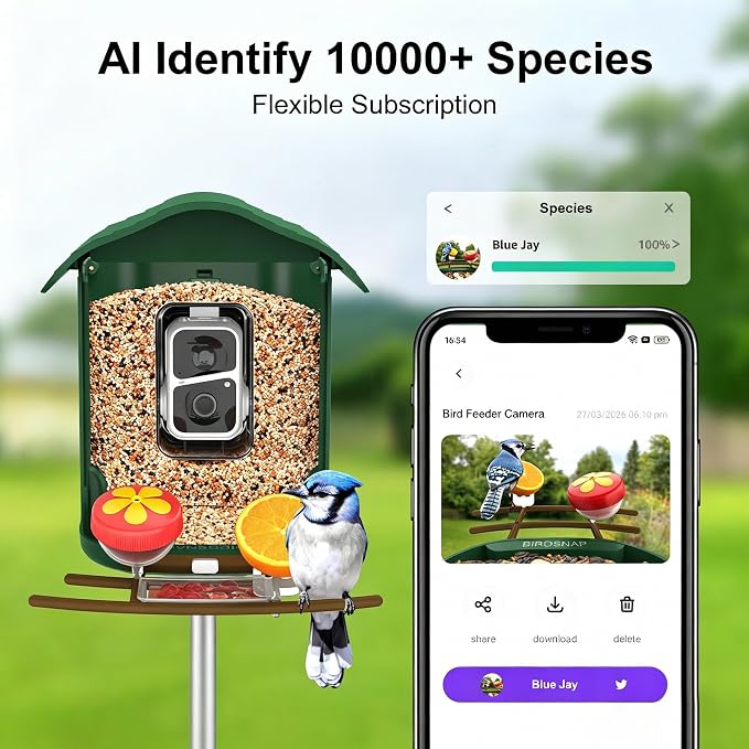 birdsnap® PAV-Bird Feeder with Camera,2K HD with 32GB Card, AI Identify Smart Bird House Cam Solar Panel,Live Stream,Motion Detection,Auto Record Video for Backyard Outdoors,Ideal Gift for Bird Lover