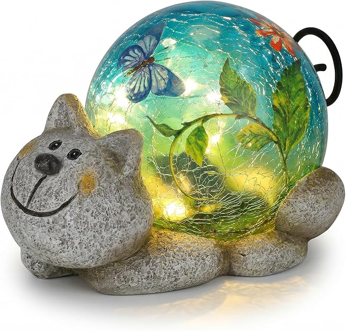 Afirst Solar Garden Statues Outdoor Figurines - Cat Lawn Ornament with Solar Lights Cracked Glass Outdoor Decor for Patio Yard Decorations