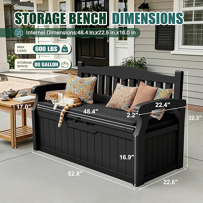 Devoko 80 Gallon Storage Bench with Cushion, Lockable Deck Box for Patio Furniture, Garden Decor and Outdoor Seating for Cushions, Garden Tools and Pool Supplies (Black, 80 Gallon with Cushion)