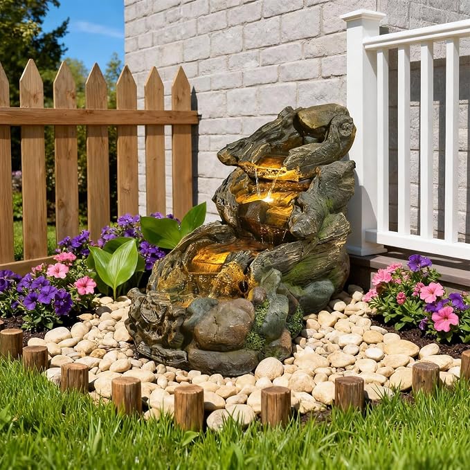 Sunlinua 37" L Outdoor Water Fountain with 3 Tiers Cascading Realistic Tree Trunk Waterfall Fountains with LED Lights Outdoor Water Fountain for Garden Patio Backyard Porch Home Decor