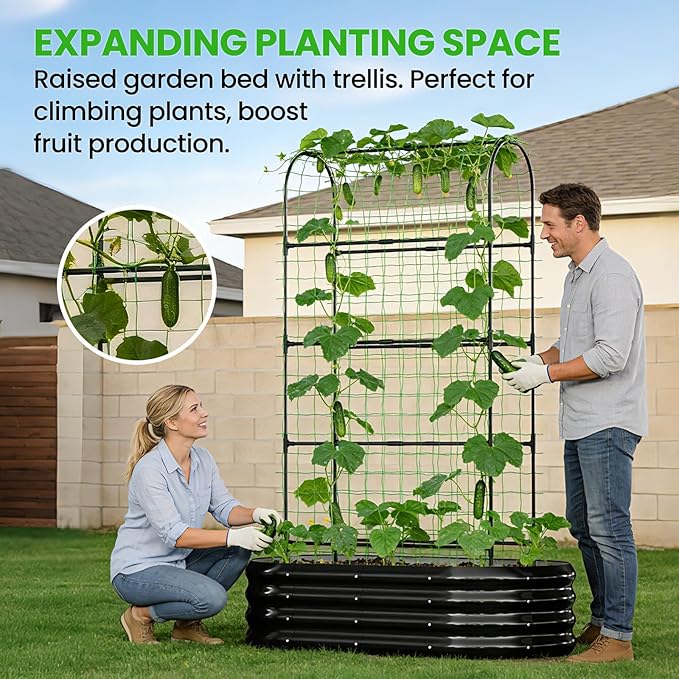 DoCred 2 in 1 Galvanized Raised Garden Bed, 2Pcs Garden Planter Box with 71" H Trellis for Climbing Plants, Outdoor Gardening Raised Beds with Climbing Net for Fruits, Vegetables, Flower (Black)