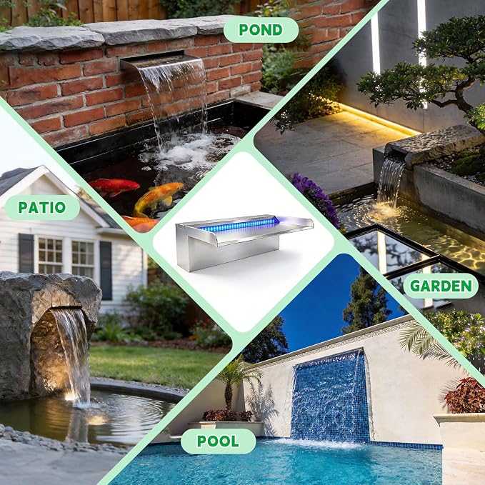 LONGRUN with lid Stainless Steel Waterfall Spillway, APP Control Multi-Color LED Light Outdoor Pool Fountain, Water Spillway Koi Pond Waterfalls Fountains Kit for Garden Patio Swimming Pool-23.6"