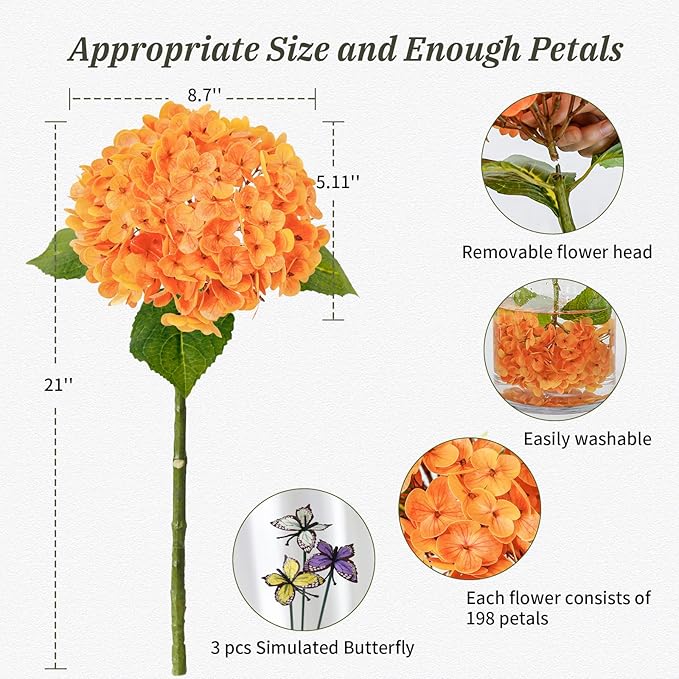 Leftover 3 Pcs Fall Hydrangea Artificial Flowers,21" Real Touch Faux Hydrangea Flowers and 3 PCS Butterflies Fall Hydrangea Stems,Fall Floral Arrangement Centerpiece Table,Wedding,Home Decor