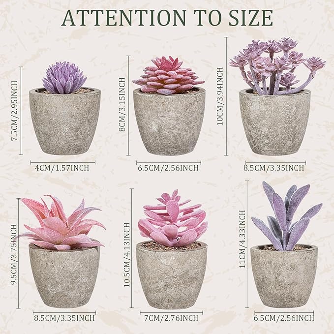 Set of 6 Artificial Succulents Potted - Realistic Mini Fake Cactus Plants in Paper Pulp Pots, 2-4'' Mixed Sizes for Farmhouse Shelf, Bathroom, Coatrack Shelf, Bedroom Indoor(Elegant Style)