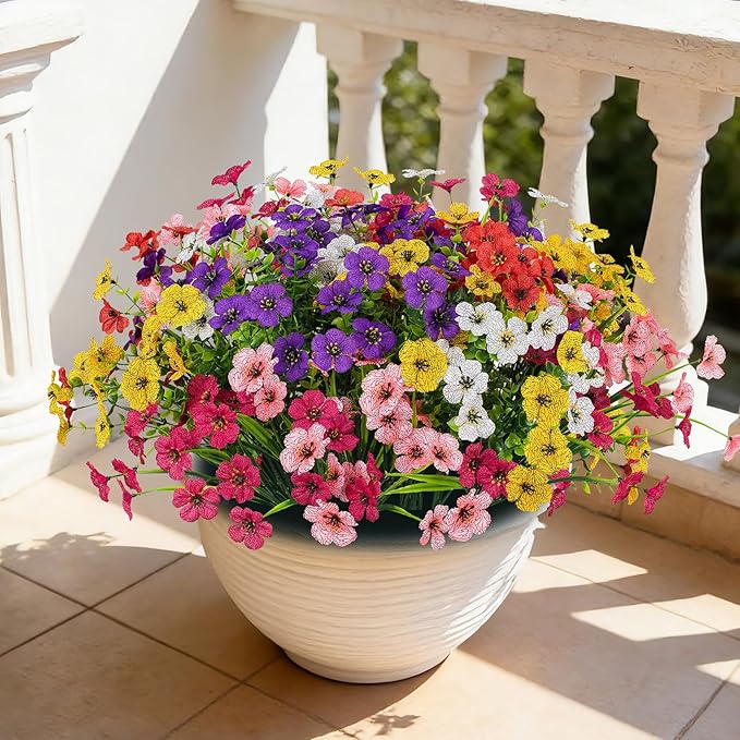 24 Bundles Lifelike Outdoor Artificial Flowers, UV Protected No Fade Fake Silk Plants for Spring Summer, Realistic Faux Flowers for Garden Porch Patio Decorations (6 Color Mix)
