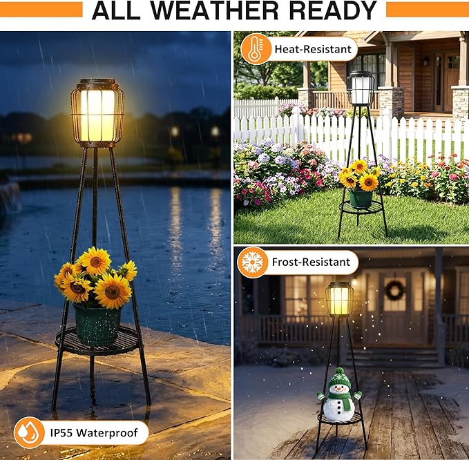 2-in-1 Solar Lights Outdoor with Plant Stand, Waterproof Solar Floor Lamp & Tall Metal Planter Holder for Outside, Decorative Tripod Pathway Lantern for Patio, Garden, Porch, Yard Decor (2 Pack)