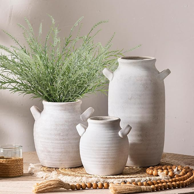 Vanselia Ceramic Flower Vase Home Decor - Farmhouse Table Vases with Handle Living Room Decoration Vintage Decorative Aesthetic for Shelf Coffee Dining Desk House Bookshelf Fireplace (7.1" Rustic)