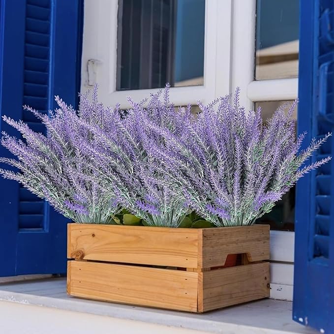 TURNMEON 10 Bundles Artificial Lavender Flowers for Outdoors Summer Decor,UV Resistant Fake Flowers Plants Flocked Faux Plastic Shrubs Wedding Bouquet Window Box Table Home Cemetery Decor(Gray Purple)