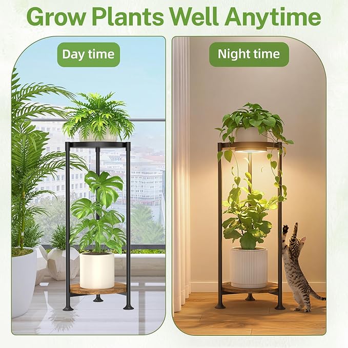 iDavosic.ly 2 Tier Plant Stand Indoor with Grow Light, 30 Inch Tall Vertical Corner Metal Flower Heavy Duty Pot Holder Shelf, Modern Black & Rustic Brown - Round