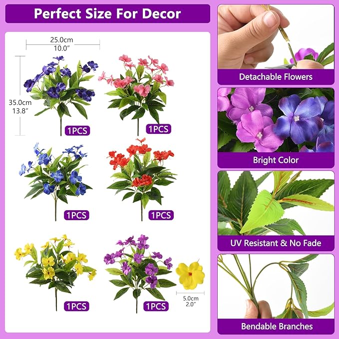 Hommyea Artificial Fake Flowers for Outdoor, 6 Bundles UV Resistant Faux Plants Decoration Silk Flowers No Fade Plastic Flowers for Outside Planters Home Porch Patio Yard Garden Decor