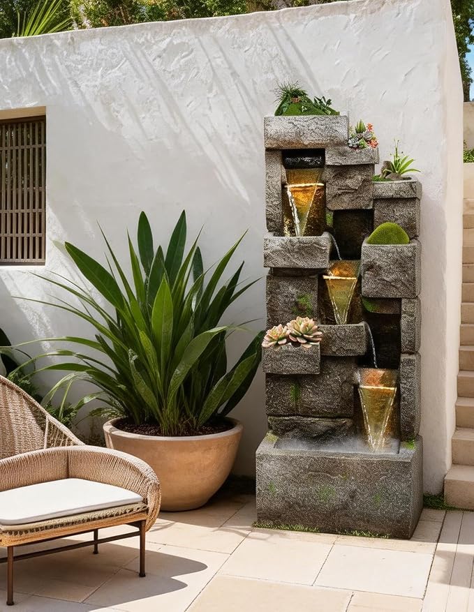 41.7" Outdoor Water Fountains 3 Tier Modern Floor-Standing Fountain with LED Lights and Pump Outdoor Rock Waterfall Fountain for Garden, Yard, Porch, Patio, Home Decor, Yellow