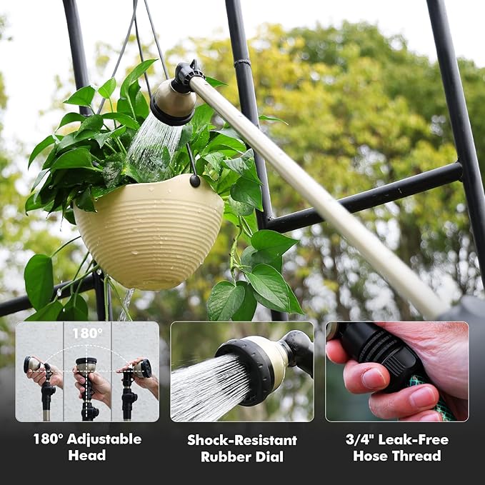 RESTMO Extra Long All Metal Telescoping Watering Wand, 180° Adjustable Ratcheting Head | 4 Spray Patterns | Thumb Flow Control, Perfect Garden Hose Sprayer to Water Hanging Baskets, Shrubs