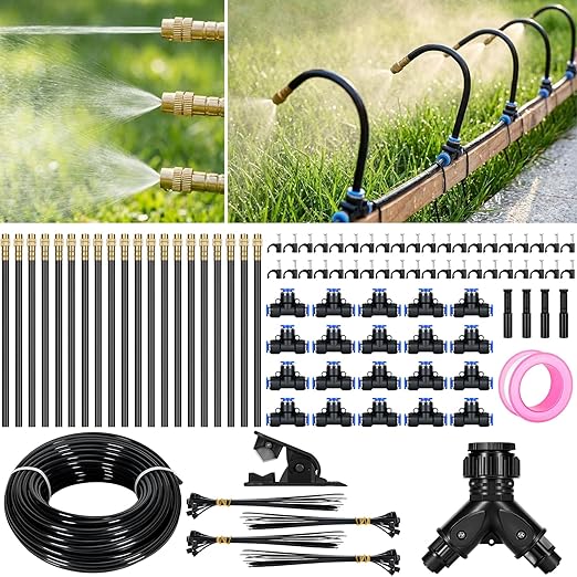 100Ft 360° Adjustable Drip Irrigation System Kit, 1/4 Inch PE Tubing with 20 Bendable Nozzles, Automatic Garden Watering System for Greenhouse, Lawn, Raised Bed, Flower Bed
