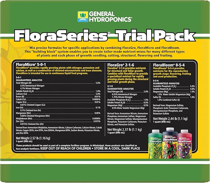 General Hydroponics FloraSeries Hydroponic Nutrient Fertilizer System Trial Pack with FloraMicro, FloraBloom and FloraGro, 1 qt.