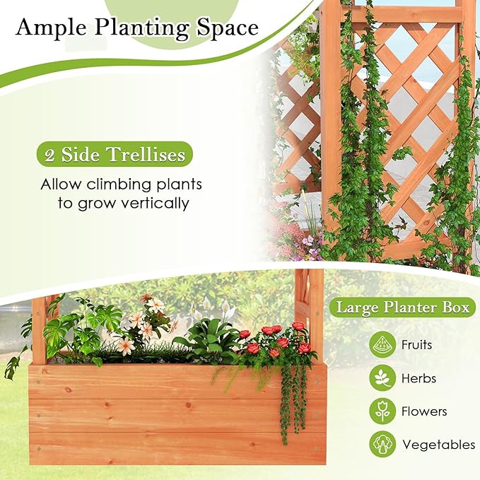 HAPPYGRILL Raised Garden Bed with Trellis, 2 Pack Freestanding Wood Planter Box w/Hanging Roof & 4 Drainage Holes for Vine Climbing Plants Flowers, Outdoor Planter with Trellis for Garden Patio Yard