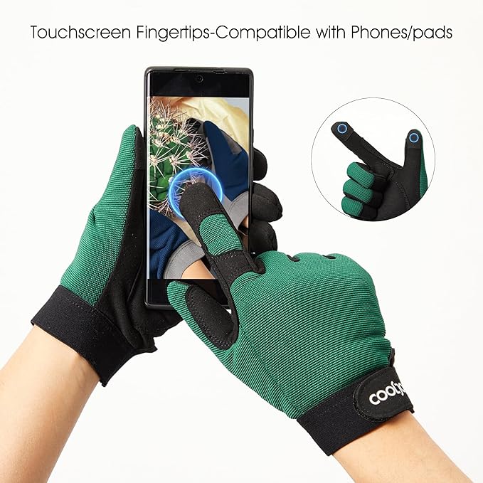 COOLJOB Thorn Proof Garden Gloves with Touchscreen Fingers for Men, Rose Pruning Work Gloves with Palm Cushion for Gardener, Farmer and Landscaper (Green 1 Pair Small)
