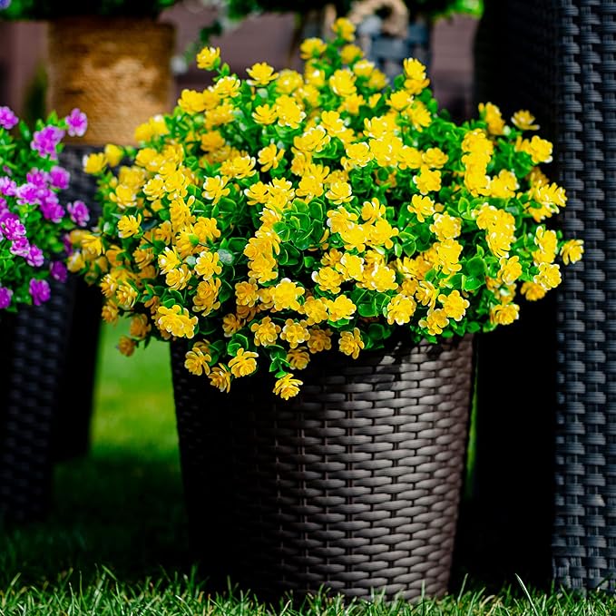 Artificial Flowers Outdoor Fake Plants - 12 Bundles UV Resistant No Fade Faux Plastic Greenery Boxwood Shrubs Home Garden Porch Patio Decoration (Yellow)