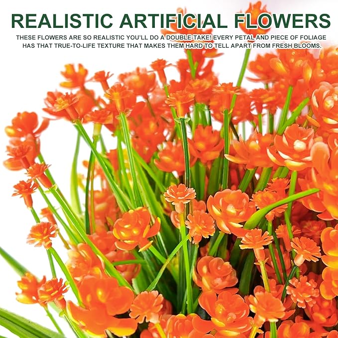 20 Bundles Artificial Flowers for Outdoors Summer Decor-UV Resistant No Fade Fake Mums Faux Plants Plastic Flowers Greenery for Home Porch Gardens Fireplace Patio Indoor Outsides Decor(Orange Red)