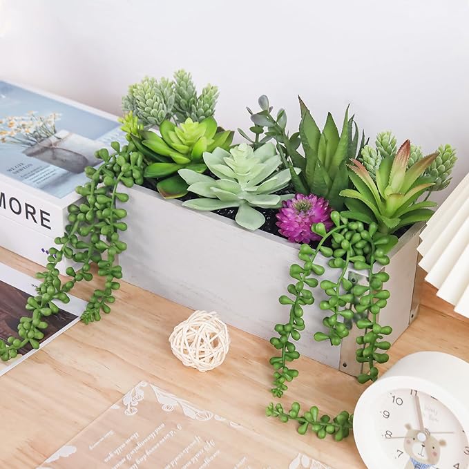 Der Rose 11 Inch Fake Plants Succulents Plants Artificial Cactus Plants in Wood Pots for Farmhouse Bathroom Decor