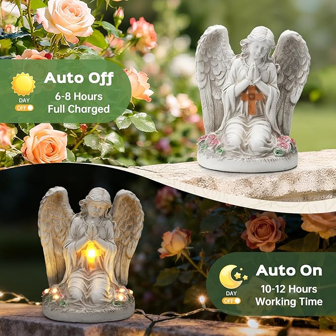 Solar Angel Garden Statue Outdoor Decor Cemetery Decorations for Grave Praying Angel Figurines with LED Light for Outdoor Lawn Yard Patio Decor Memorial Gifts for Women, Mom, Grandma