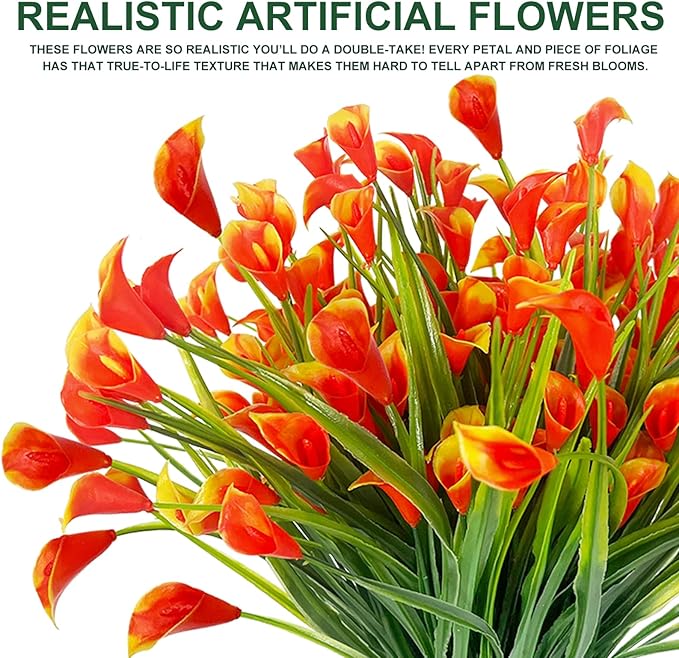 TURNMEON 12 Bundles Calla Lily (240 Heads) Artificial Flowers for Outdoors, Fake Plants UV Resistant Faux Plastic Fake Flowers for Indoor Home Porch Yards Spring Summer Cemetery Decor(Orange Red)
