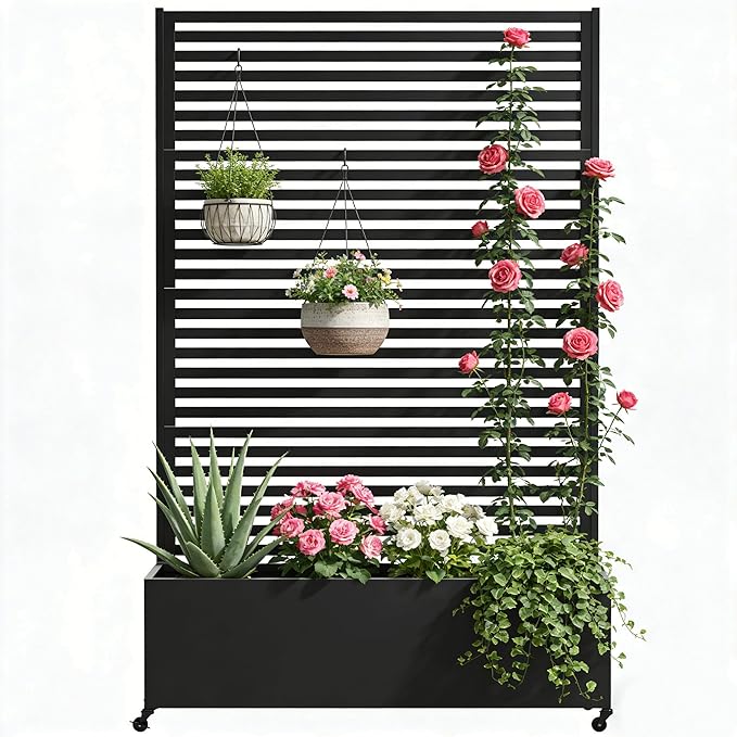 Metal Planter Box with Trellis Privacy Screen, Raised Garden Bed with Trellis & Wheels, Privacy Planters for Patio, Planter Box with Drainage Holes for Climbing Plants, 73"x 47"x 16", Black