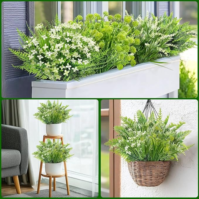TURNMEON 12 Bundles 4 Styles Fake Plants Artificial Plants Outdoor, UV Resistant No Fade Fake Flowers Outdoor Faux Plants Boston Fern Lavender Plastic Greenery Shrubs for Outside Gardens Home Porch