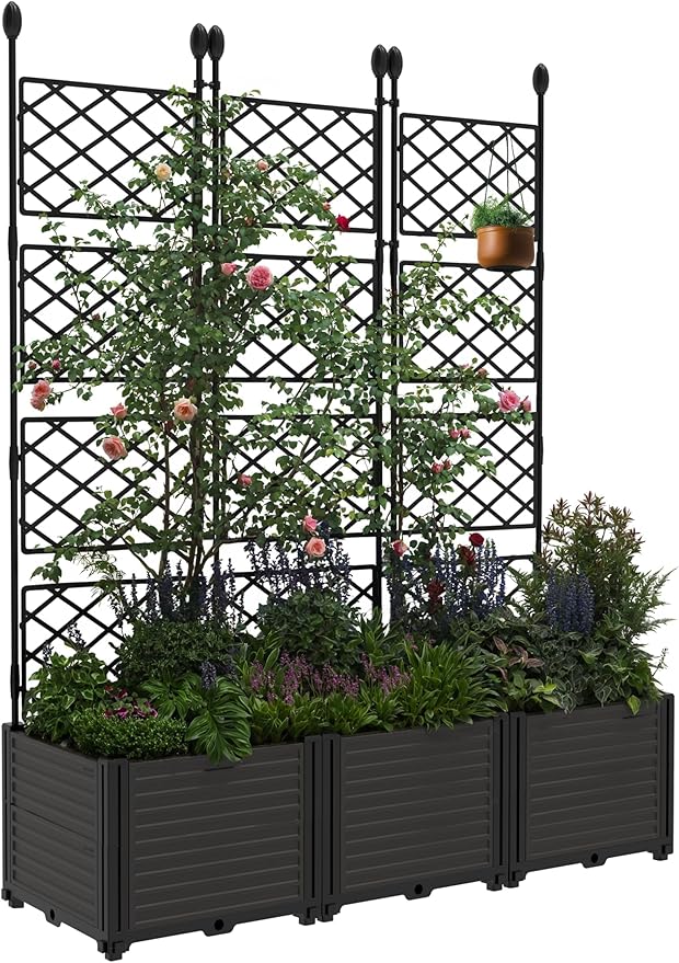 3 PCS Raised Garden Bed with Trellis & Privacy Screen, 50" w x 63" Tall Vertical Garden Planter Box for Climbing Plants - Sturdy Lightweight Outdoor Planter for Vegetables, Flowers on Patio, Balcony