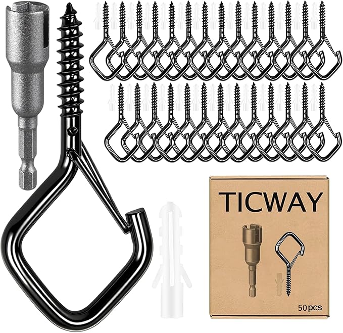 50 Pcs Outdoor Hooks for String Lights,Screw Hooks for Hanging Plants,Ceiling Hooks with Safety Buckle,Square Hanger for Wind Chimes,Bird Feeder,Lanterns,Christmas Decorations (Black)