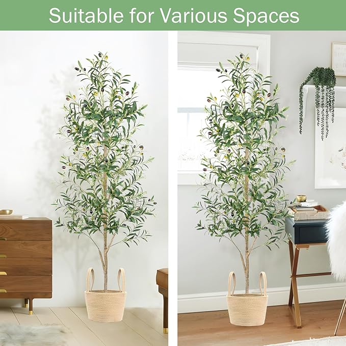 Faux Olive Tree 6FT, Artificial Potted Tree with Planter, Silk Plants Indoor Outdoor, Lifelike Olive Plants with Natural Wood Trunk, Fruits and Buds, Home Office Decor, 1 Pack