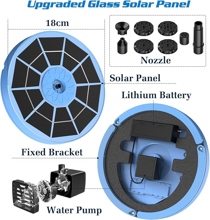 AISITIN 3.5W Solar Bird Bath Fountain with Built-in 1500mAh Battery, Solar Water Pump with 8 Nozzles, Solar Powered Fountain for Garden, Birdbath, Pond, and Outdoor Decor