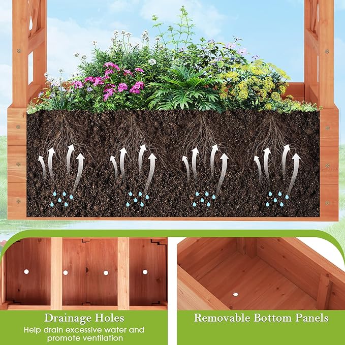 HAPPYGRILL Raised Garden Bed with Trellis, 2 Pack Freestanding Wood Planter Box w/Hanging Roof & 4 Drainage Holes for Vine Climbing Plants Flowers, Outdoor Planter with Trellis for Garden Patio Yard