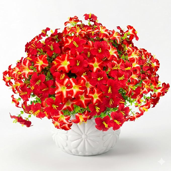 Daynight 32 Pcs Faux Petunias Artificial Flowers Plants for Outdoor Plant Decoration, UV Resistant Fake Petunias Realistic Silk Flowers for Porch Yard Garden Window Decor (32, Red)