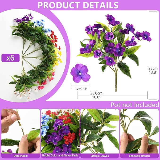 Artificial Impatiens Flowers for Outdoors, 6 Bundles Multicolor Silk Fake Flowers for Spring Summer Decoration, UV Resistant Faux Plants Plastic Bouquet for Home Planter Porch Patio Yard Decor