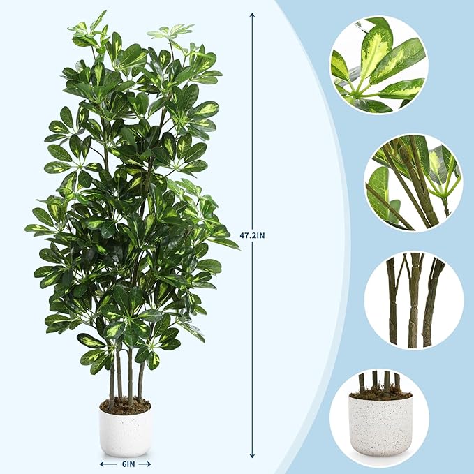 Garvee Artificial Umbrella Tree Plant, 4 ft Tall Faux Schefflera Tree in Black Pot, Large Fake Potted Decorative Plant for Indoor Home Office Decor, Housewarming Gift